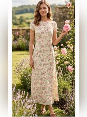 Lauren Ralph Lauren Cream Maxi Dress with Pink Floral and Green Foliage